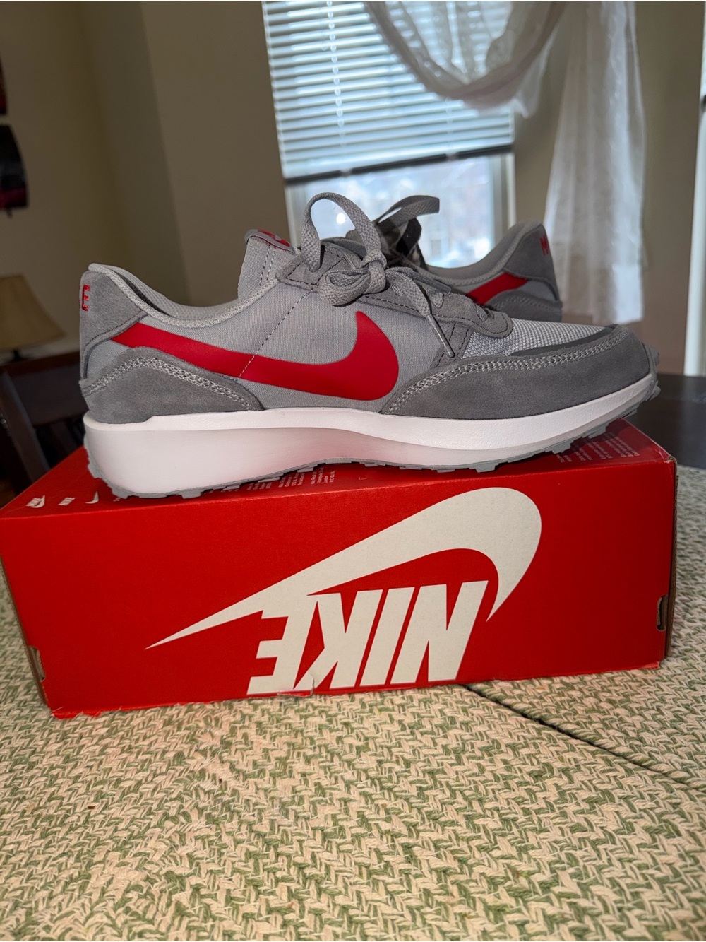 Nike waffle wolf Grey Sneakers with Red Swoosh size 8.5 new/box without lid!!